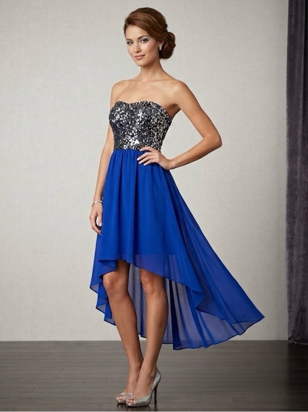 GB Strapless Sequin High Low Gown Dress